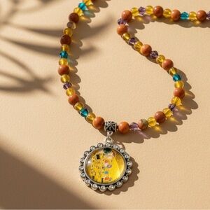 Silken Sun ✨ Klimt-Inspired Art Pendant Layering Necklace with Goldstone Glass